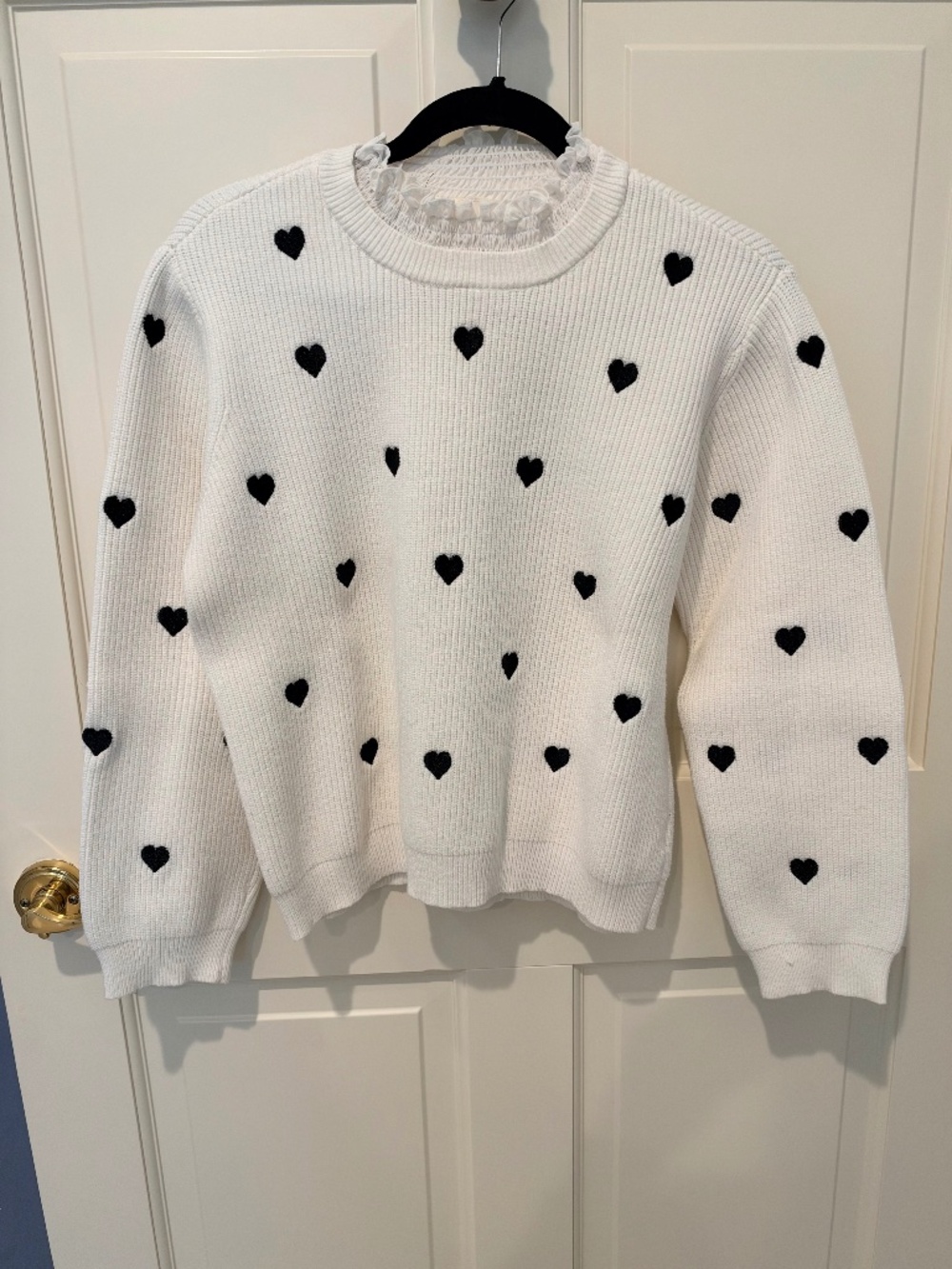 By Anthropologie Ivory Heart Sweater with Ruffle Neckline | L
